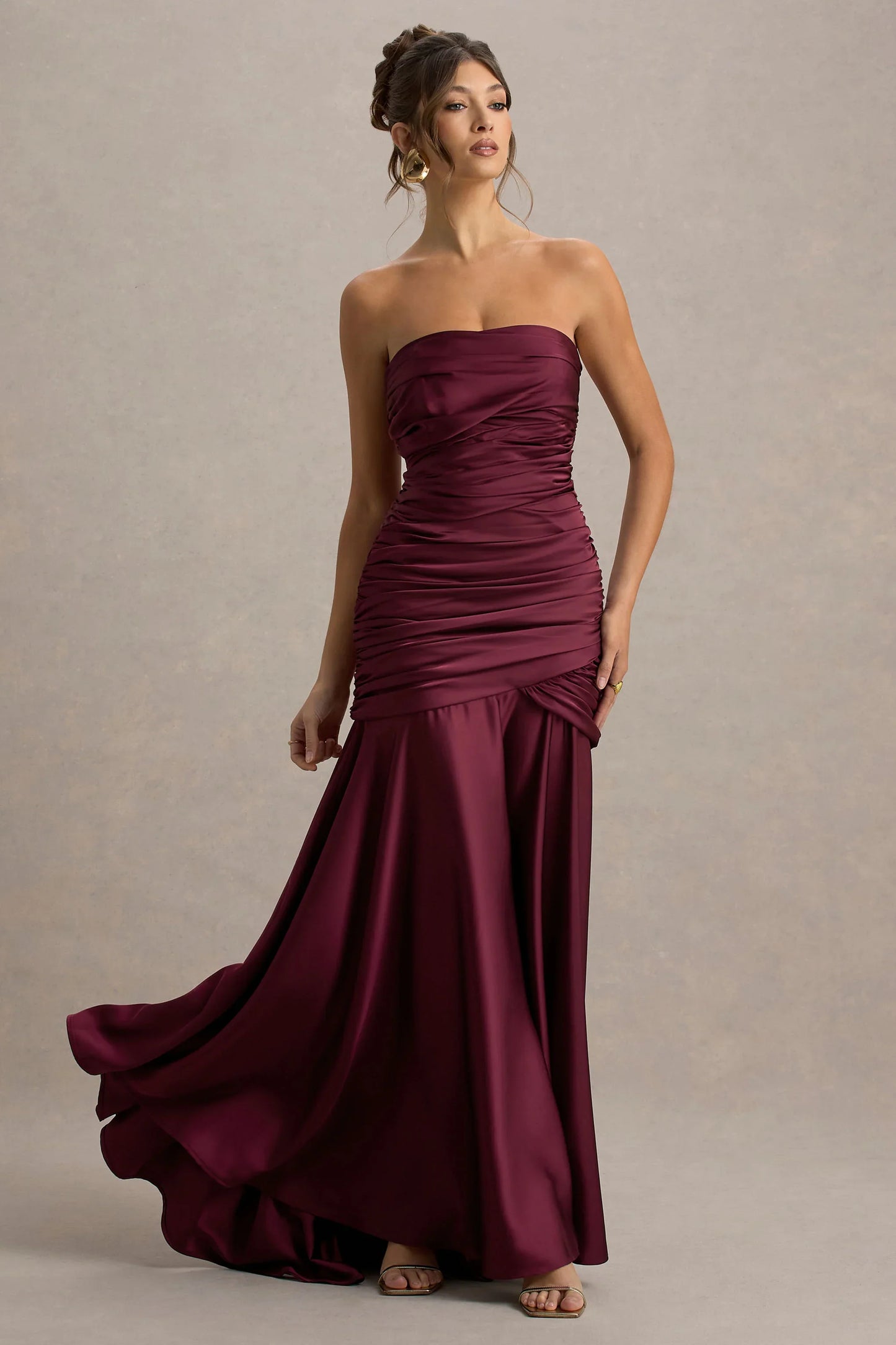 Cassidy Burgundy Satin Bandeau Gathered Maxi Dress