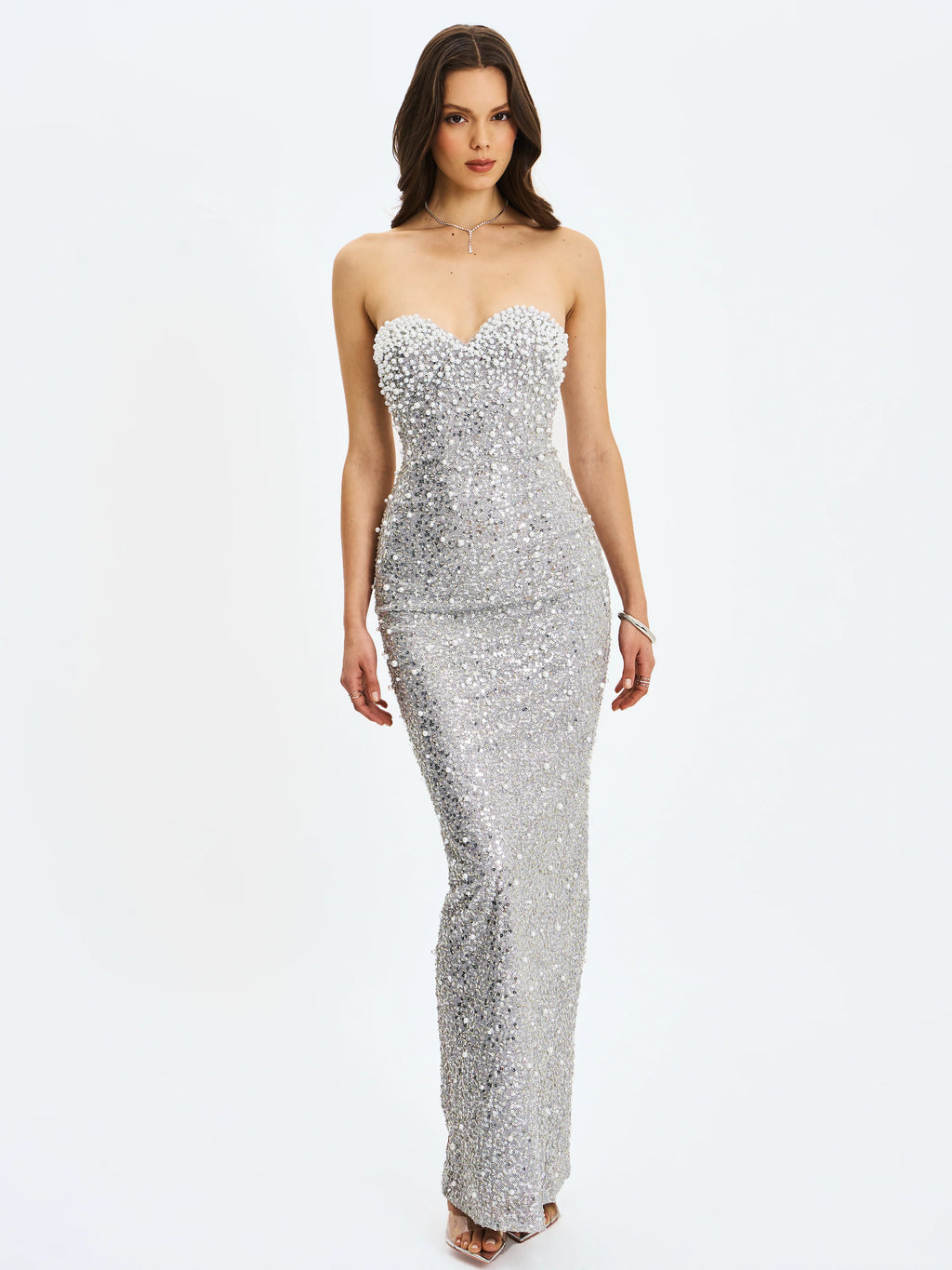 Noelle Silver Sequin Pearl Embellished Sweetheart Maxi Dress