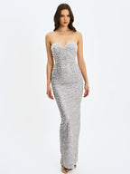 Noelle Silver Sequin Pearl Embellished Sweetheart Maxi Dress