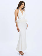Solene Pleated Halter Backless Feather Trim Maxi Dress