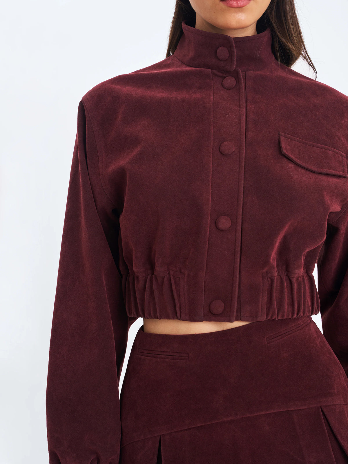 Farryn Mahogany Vegan Suede Cropped Bomber Jacket