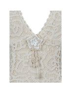 Faelyn Off White Double Fringe Crochet Halter Maxi Dress