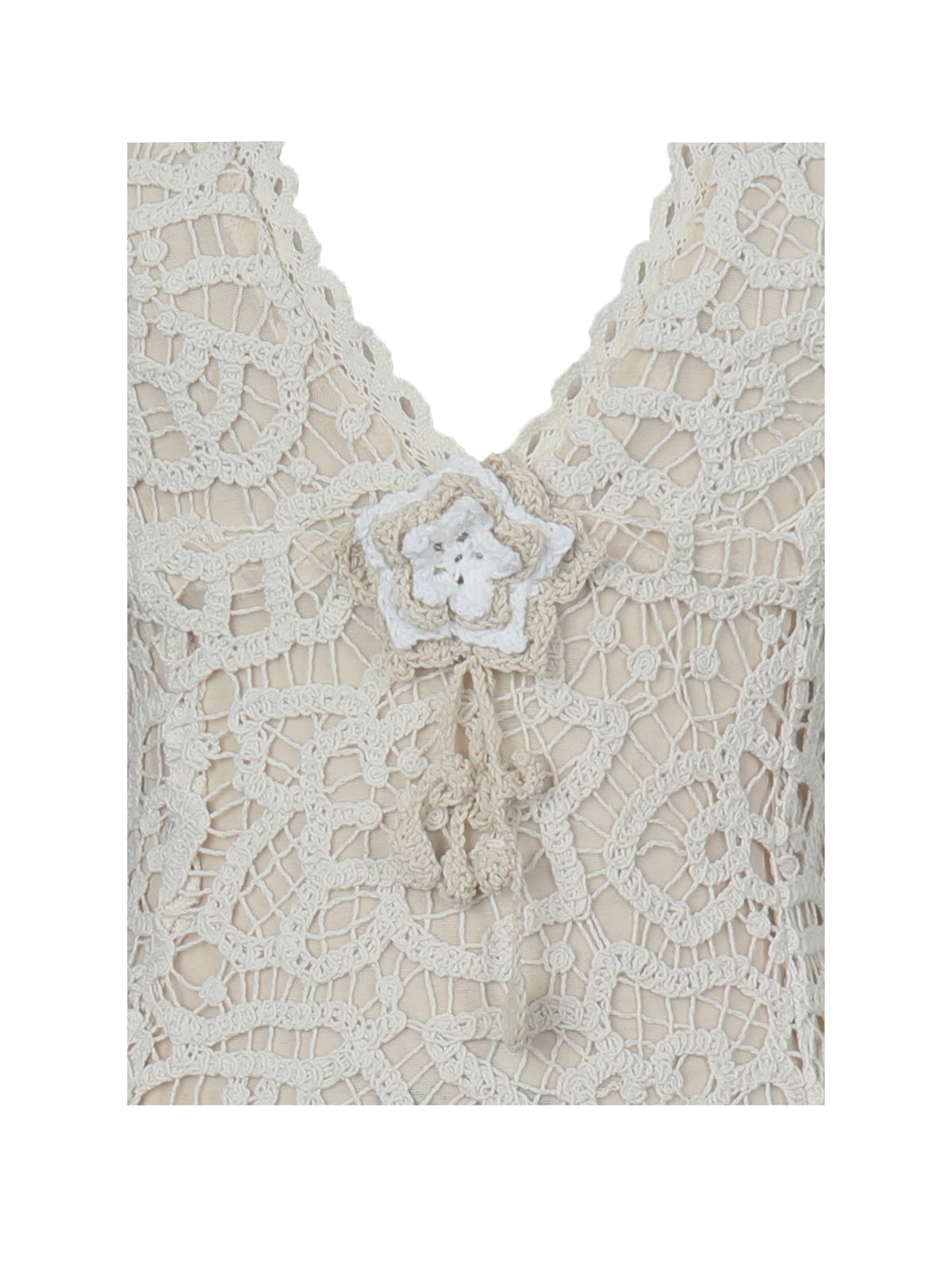 Faelyn Off White Double Fringe Crochet Halter Maxi Dress