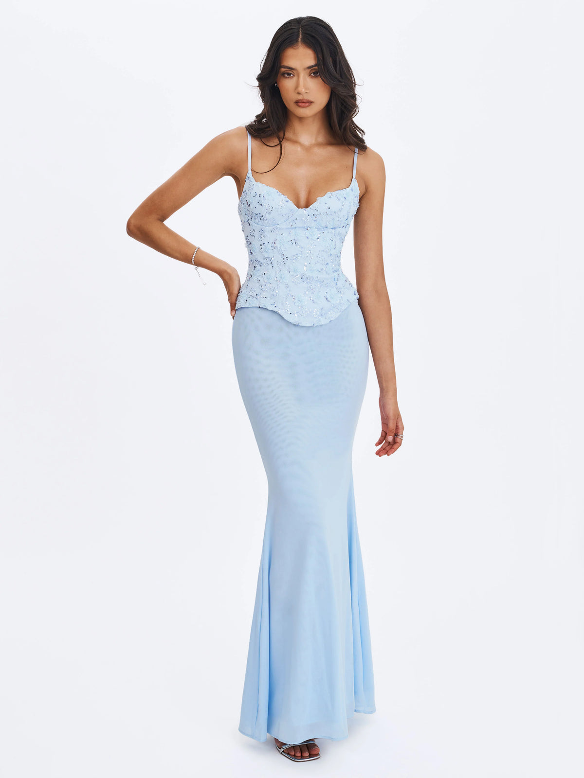 Aurielle Baby Blue Sweetheart Mermaid Peplum Maxi Dress
