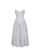 Olea Sky Blue Striped Cotton Poplin Ruched Midi Dress