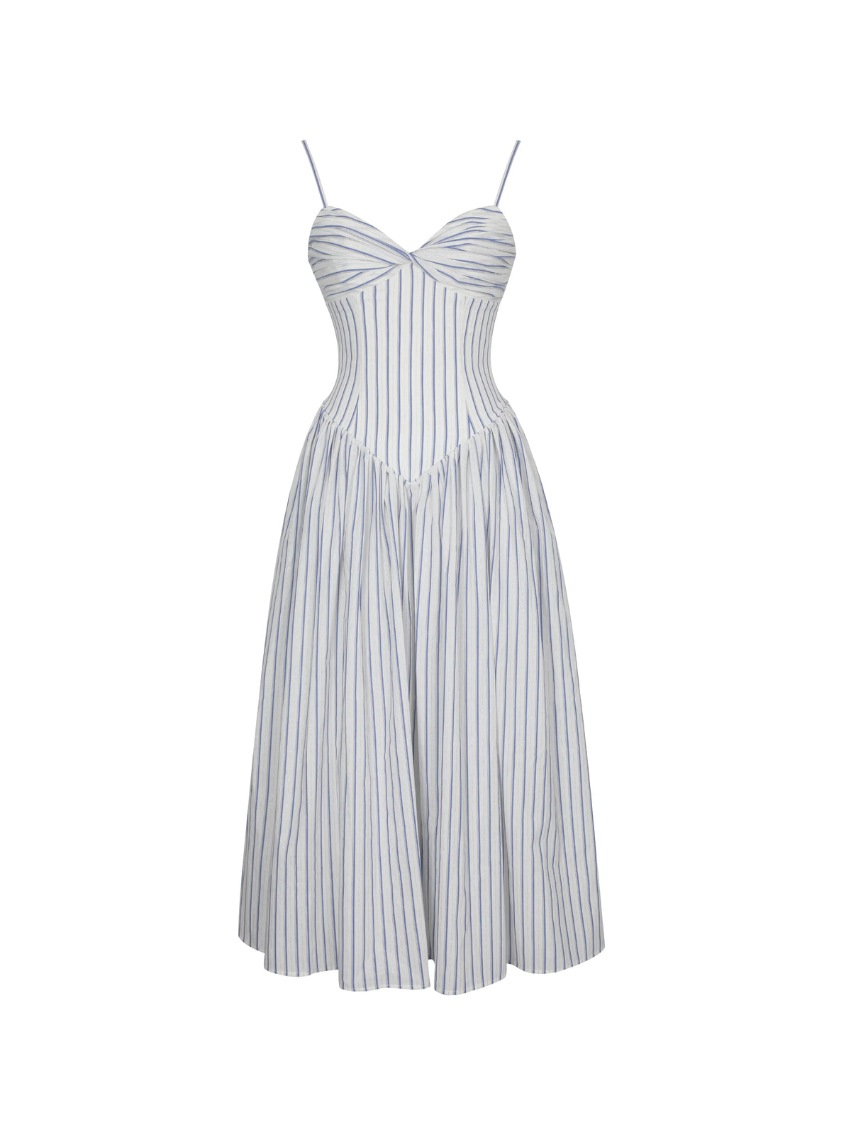 Olea Sky Blue Striped Cotton Poplin Ruched Midi Dress