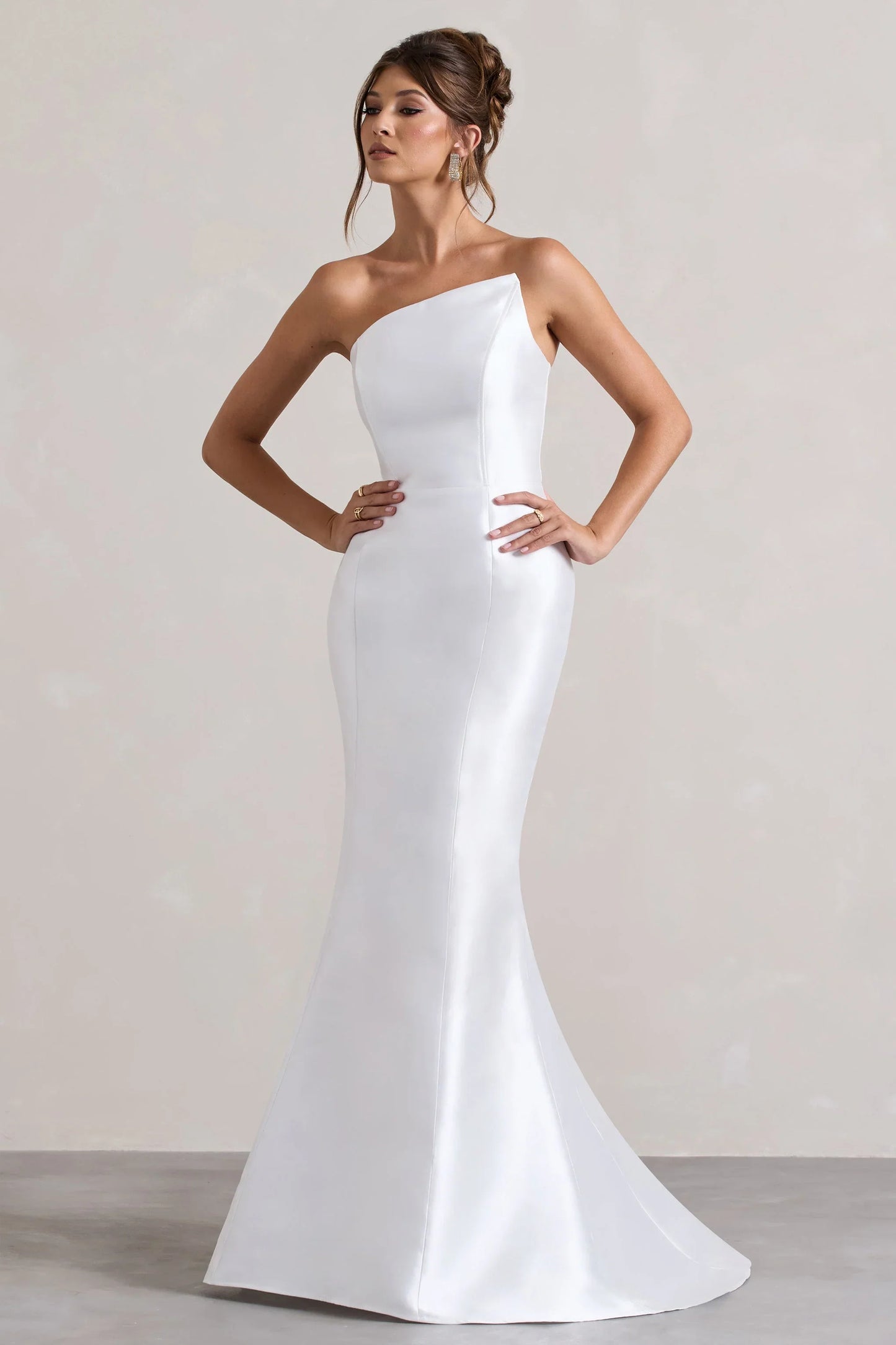 Define White Satin Asymmetric Fishtail Maxi Dress