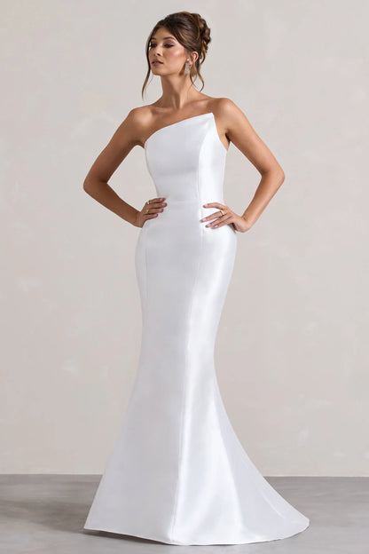 Define White Satin Asymmetric Fishtail Maxi Dress