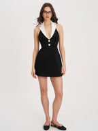 Ignacia Office Casual Black and White Halter Mini A line Dress
