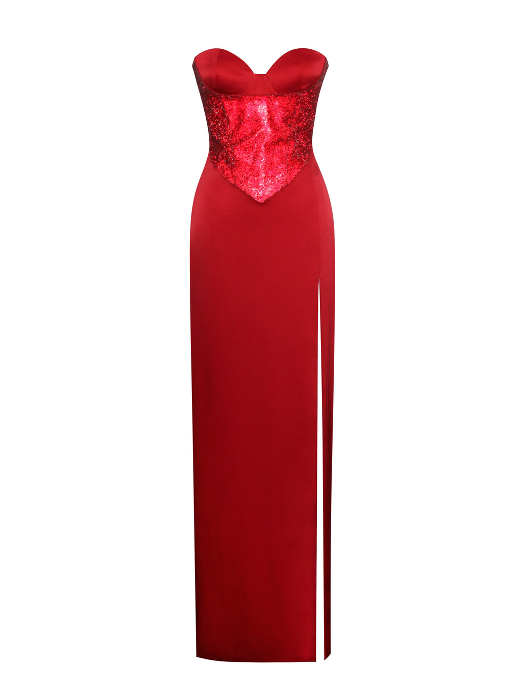 Kadesha Red Crystal High Slit Satin Corset Gown