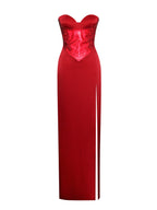 Kadesha Red Crystal High Slit Satin Corset Gown