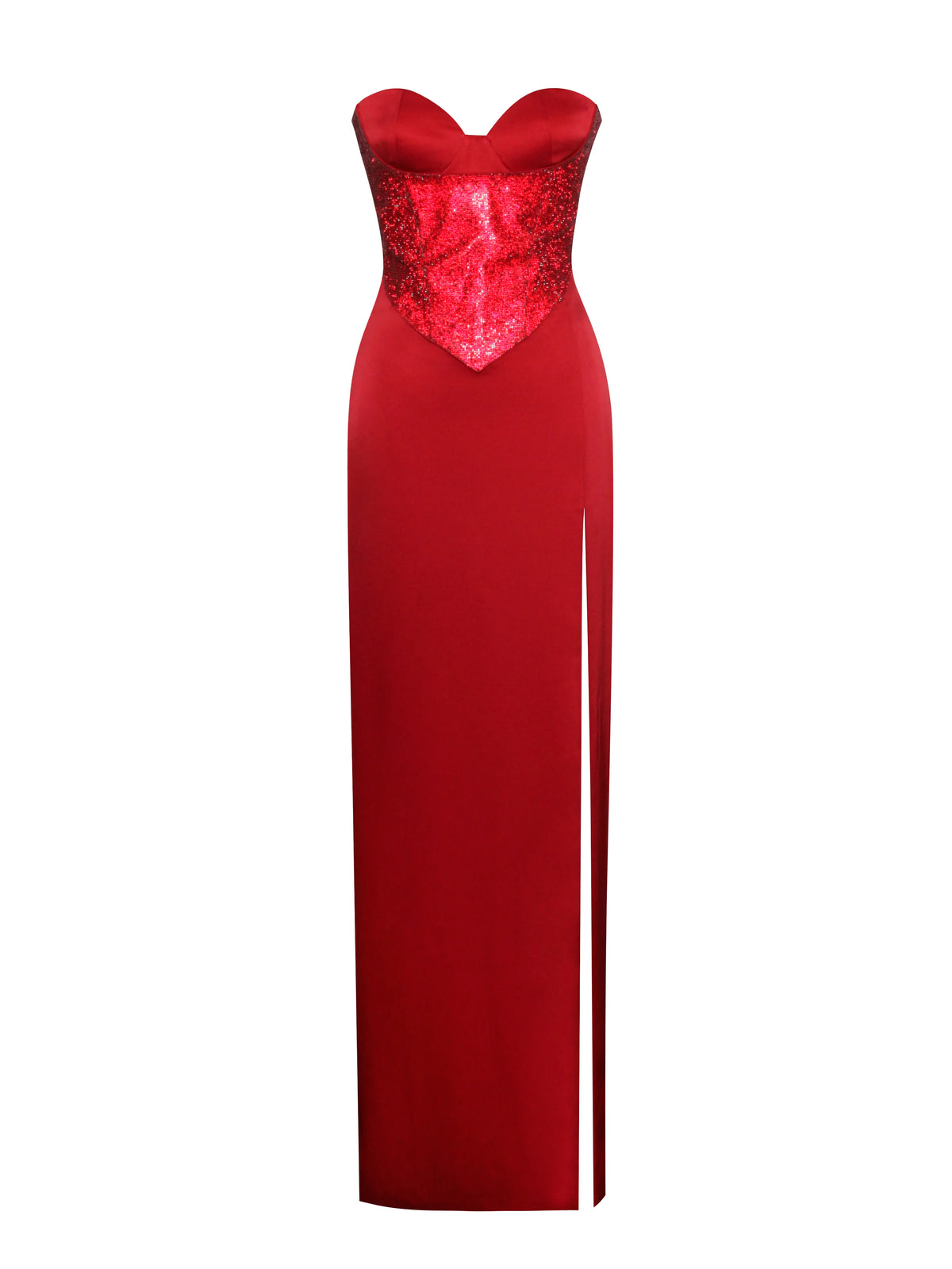 Kadesha Red Crystal High Slit Satin Corset Gown
