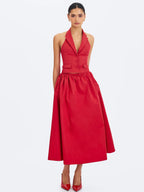 Ursella Crimson Halter Single Breasted Lapel Top