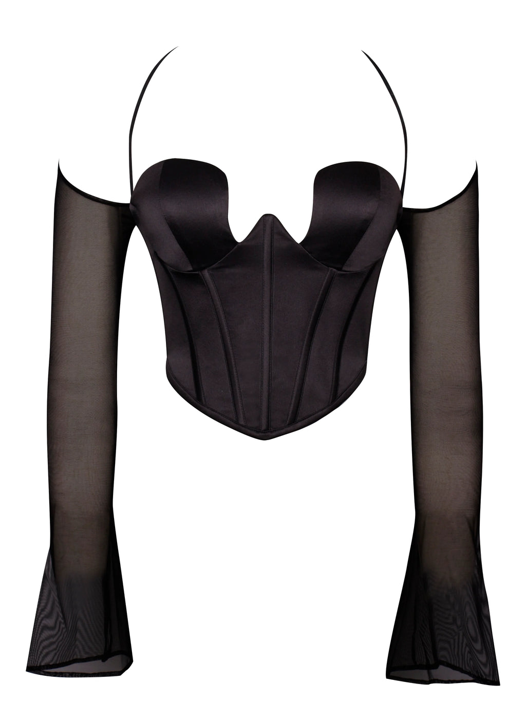 Pixie Black Mesh Sleeve Halter Corset Satin Top Archive Sale