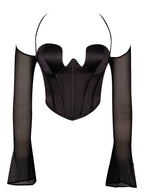 Pixie Black Mesh Sleeve Halter Corset Satin Top Archive Sale