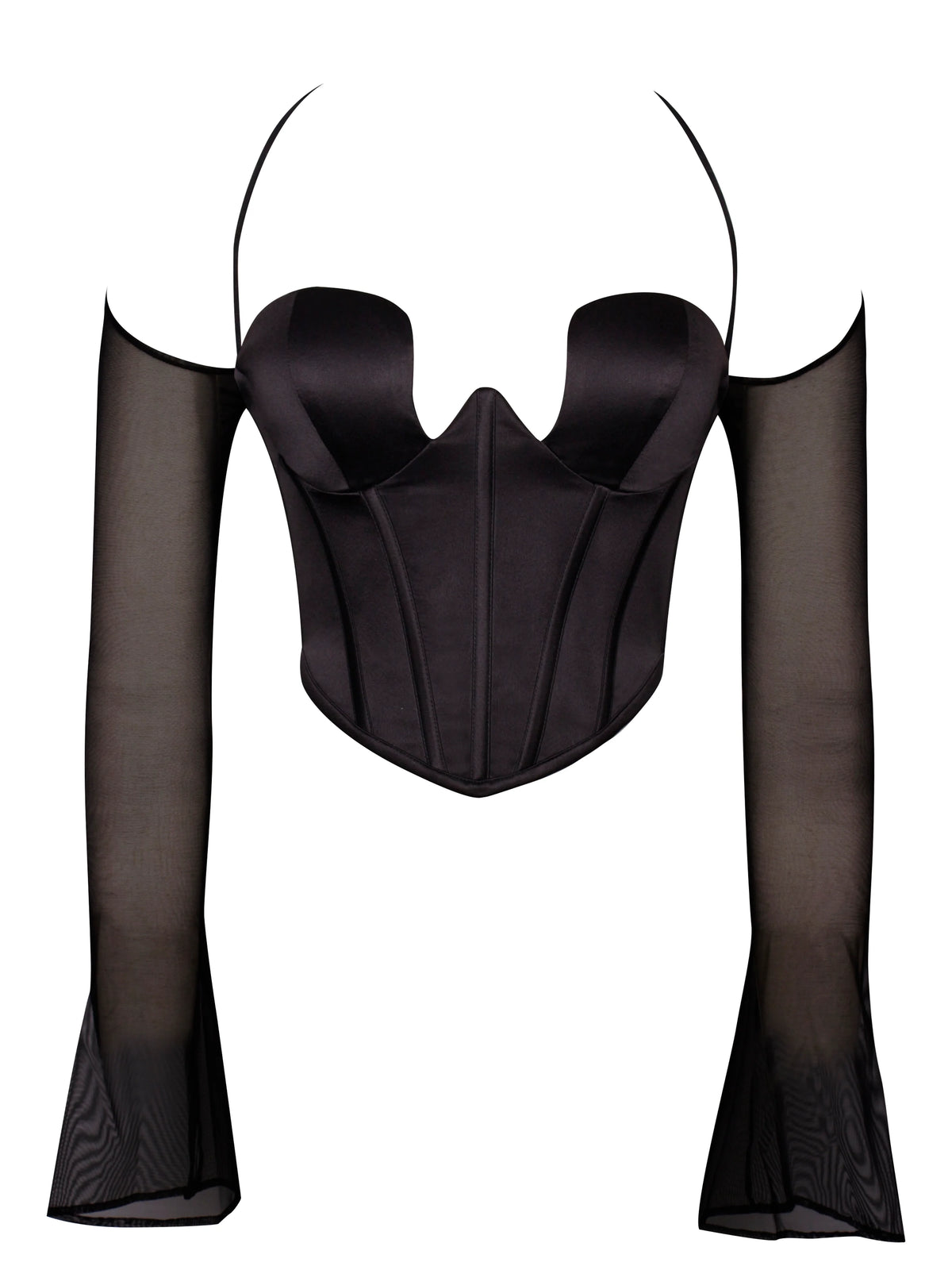Pixie Black Mesh Sleeve Halter Corset Satin Top Archive Sale