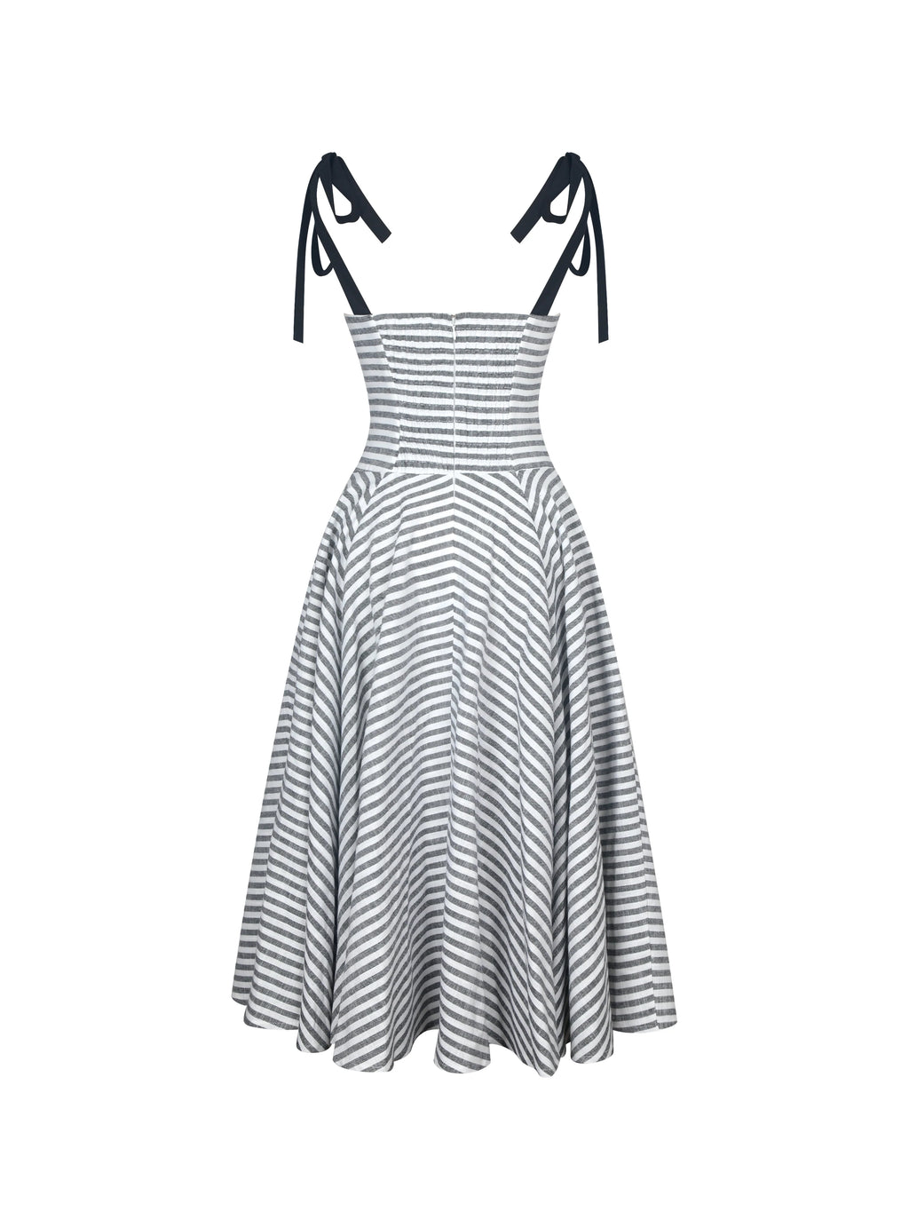 Riley Black White Striped Linen Flared Midi Dress