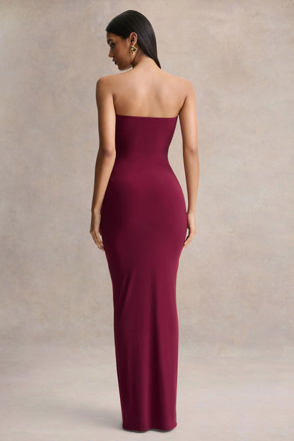 Beverly Burgundy Bandeau Maxi Dress With Gathered Detailing
