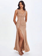 Viveca Apricot Crystal Embellished Asymmetrical Ruched Maxi Dress