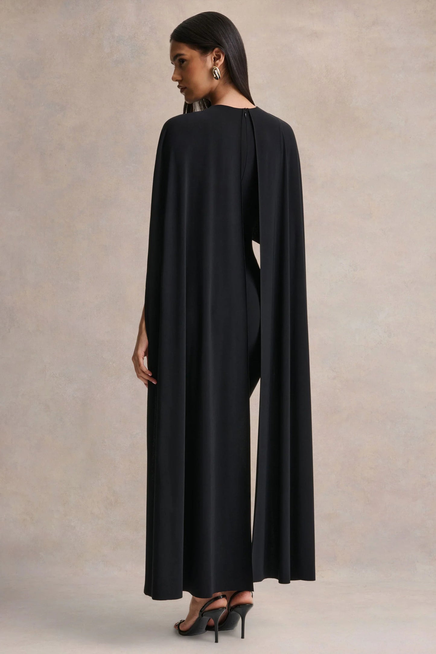 Kalani Black Crew Neck Midi Dress With Cape Sleeves
