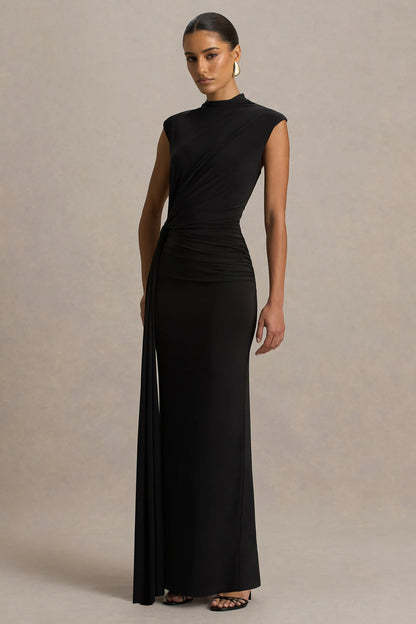 Solene Black High Neck Maxi Dress With Wrap And Drape Detail