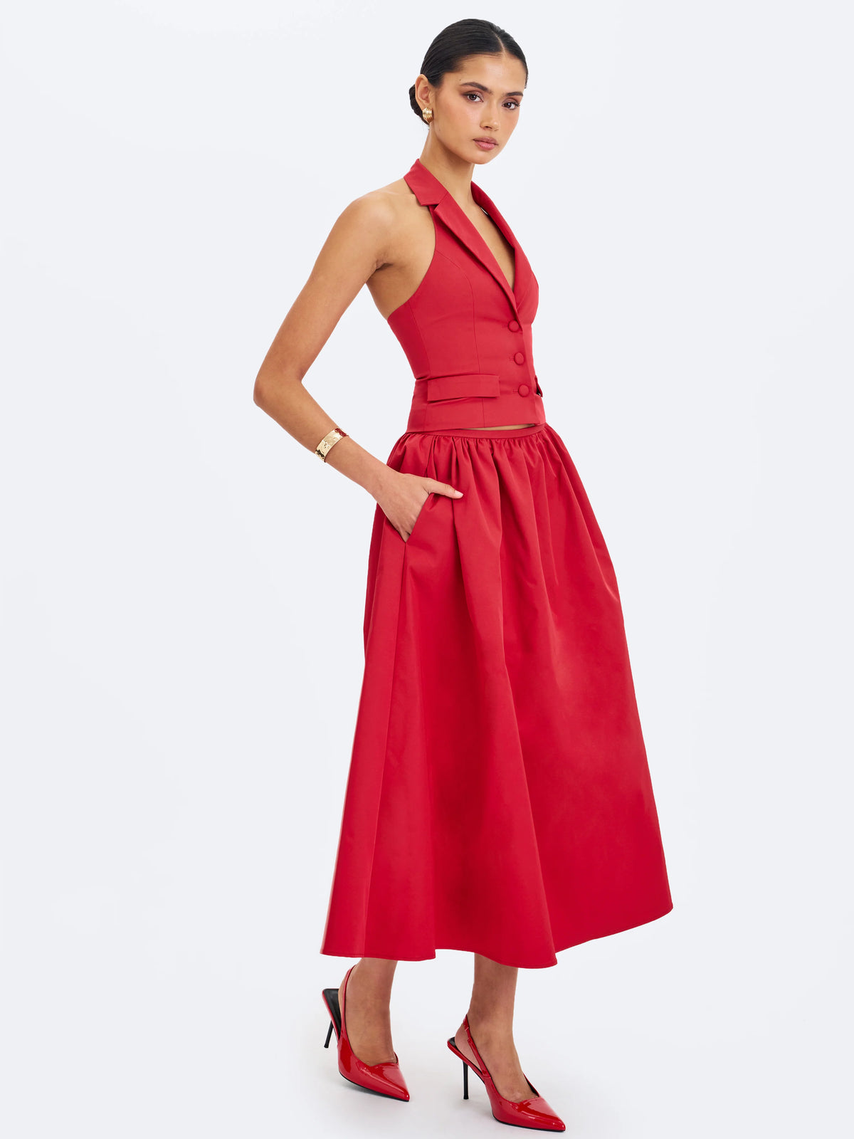 Ursella Crimson Halter Single Breasted Lapel Top