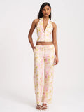 Laureen Pink Floral Print Linen Straight Pants