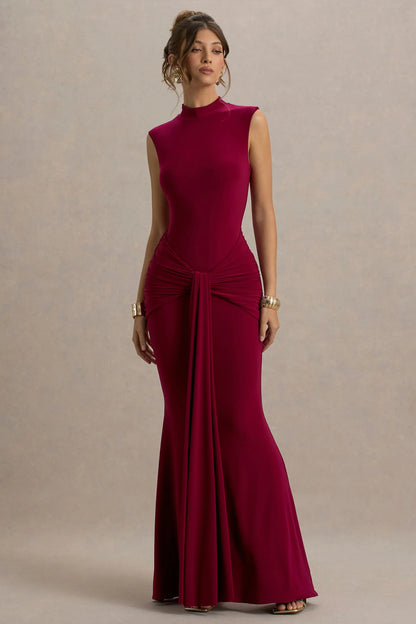 Graziana Burgundy High Neck Gathered Draped Maxi Dress