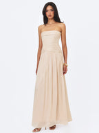 Olivine Light Beige Crystal Organza Strapless Maxi Dress