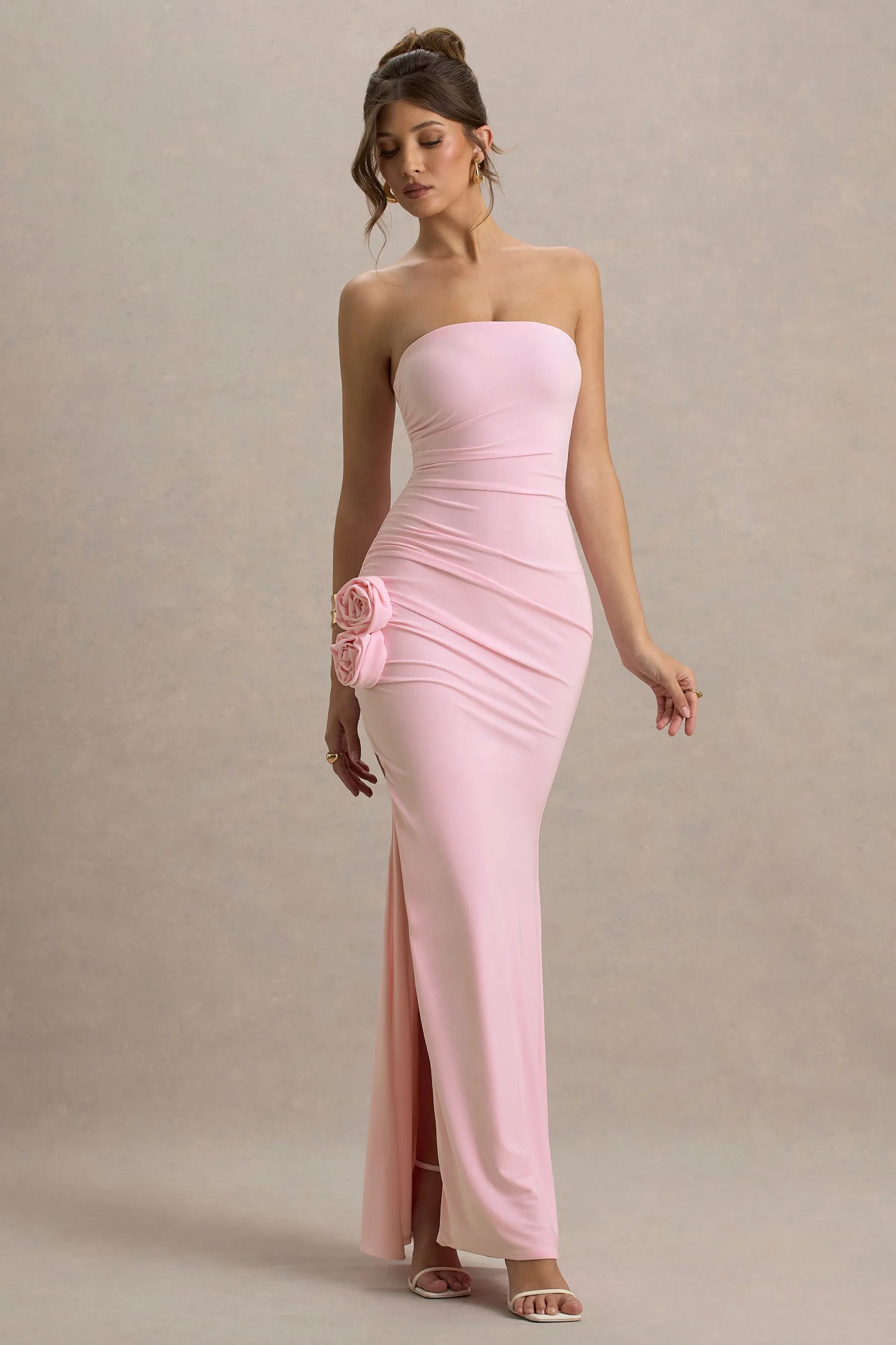 My Muse Pink Ruched Bandeau Split Maxi Dress With Flowers