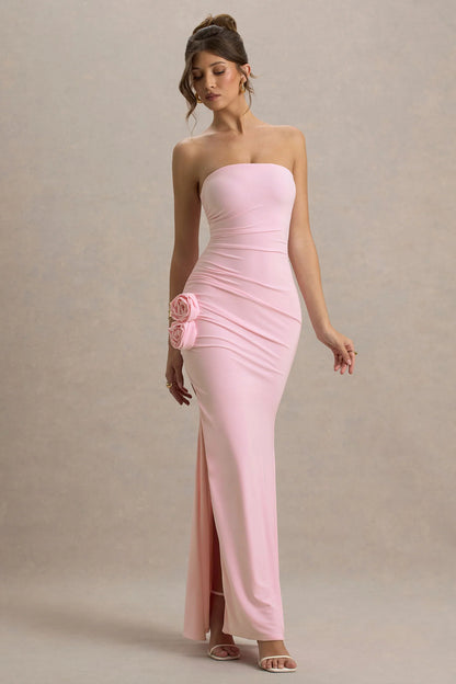 My Muse Pink Ruched Bandeau Split Maxi Dress With Flowers