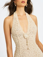 Faelyn Off White Double Fringe Crochet Halter Maxi Dress