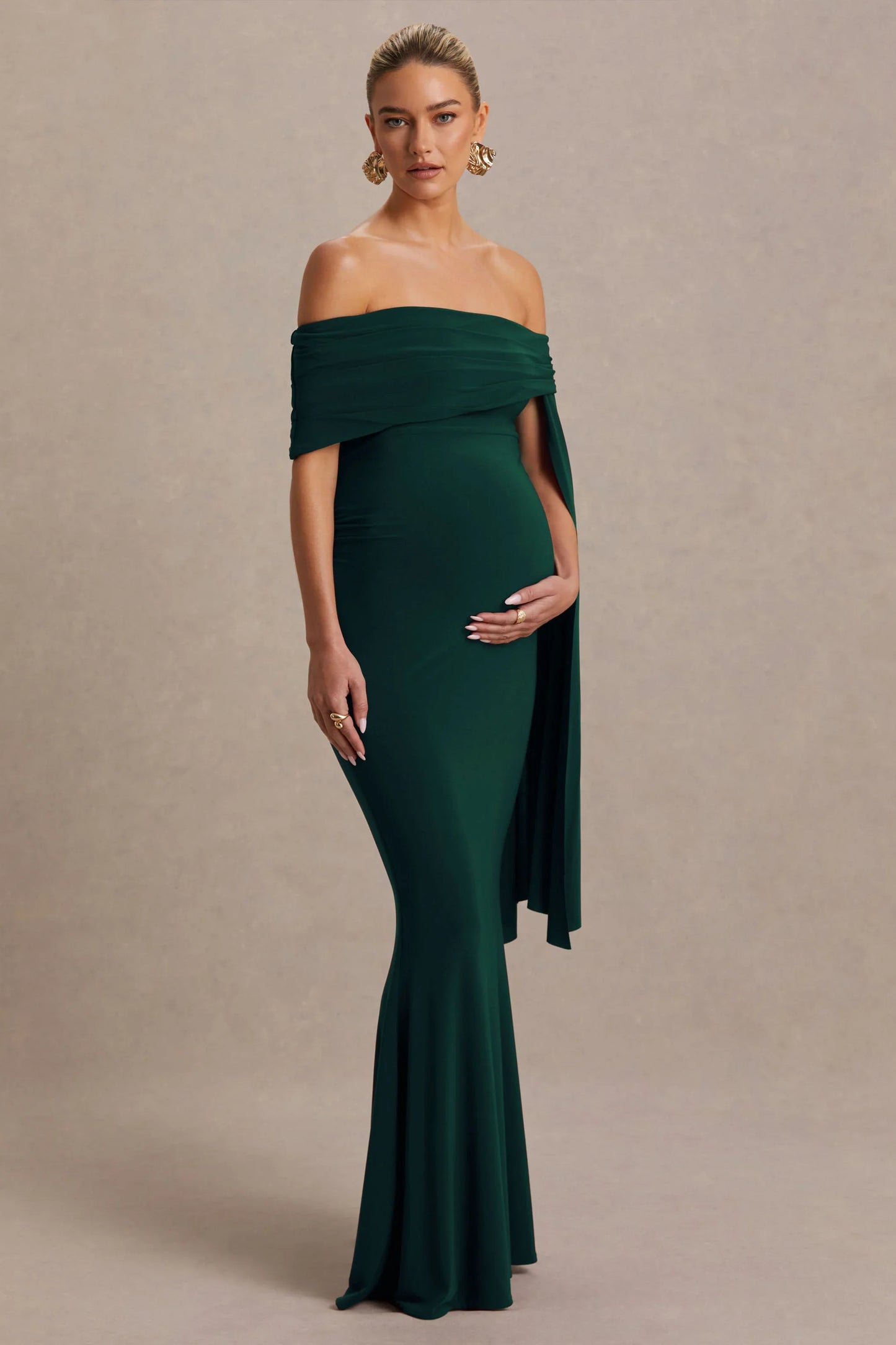 Aquila Bottle Green Bardot Maternity Maxi Dress With Draped Detail