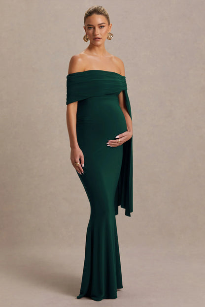 Aquila Bottle Green Bardot Maternity Maxi Dress With Draped Detail