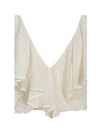 Magali Beige Dotted Mesh Ruffle V Collar Top
