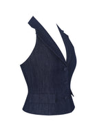 Mavis Indigo Denim Halter Single Breasted Lapel Top
