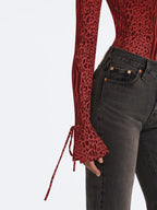 Ibera Burgundy Animal Print Burnout Velvet Long Sleeve Bodysuit