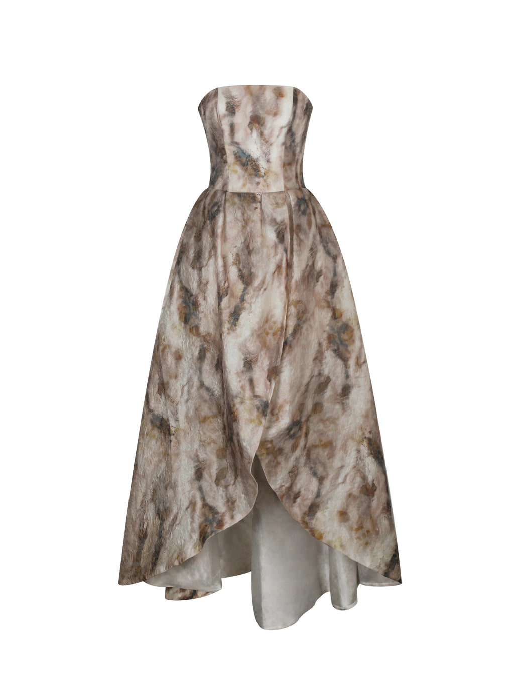 Micaela Camel Watercolor Jacquard Chiffon Dipped Hem Gown