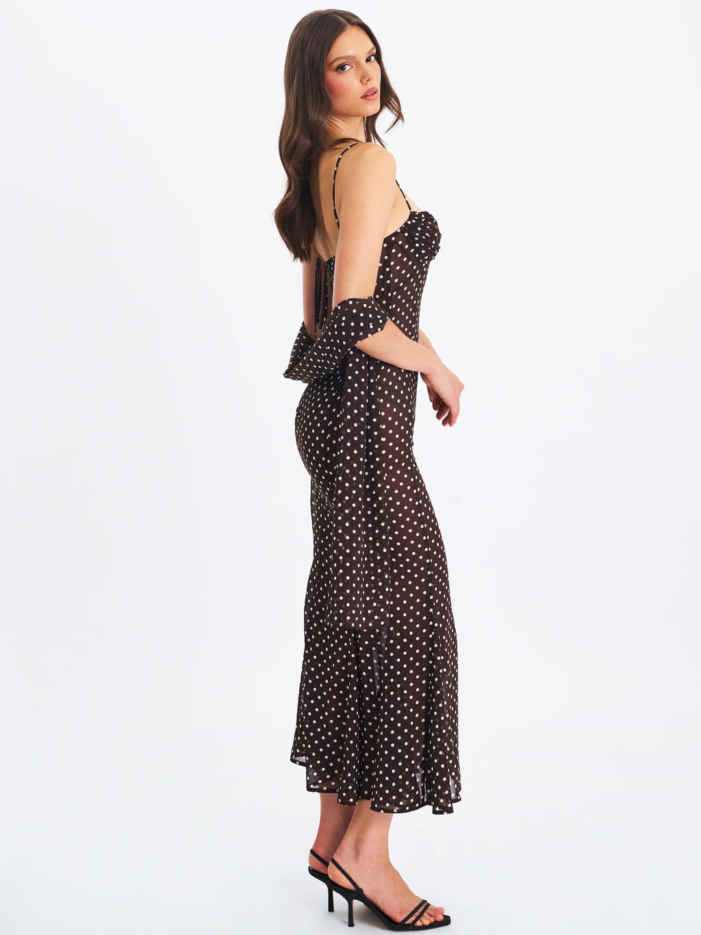 Yadira Brown Base Polka Dot Chiffon Maxi Dress