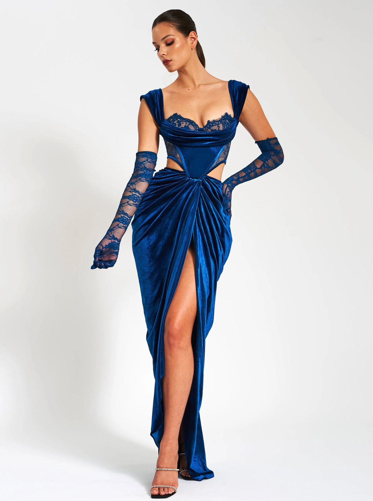 Quintessa Teal Lace Velvet Corset Off Shoulder Gown Archive Sale