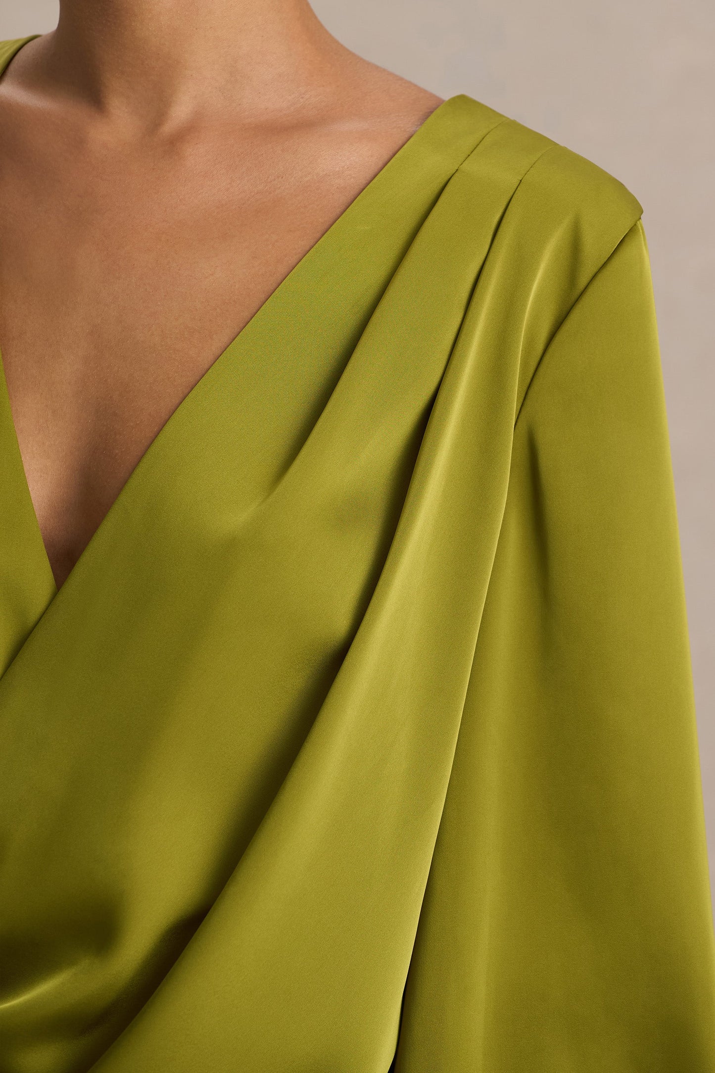 Cara Olive Satin Plunge Neck Micro Mini Dress With Long Sleeve