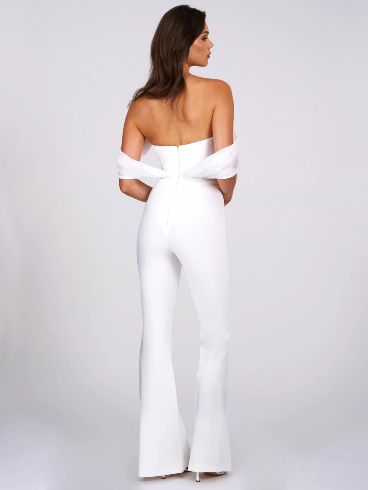 Sherlyn White Off Shoulder Flared Crepe Jumpsuit Archive Sale