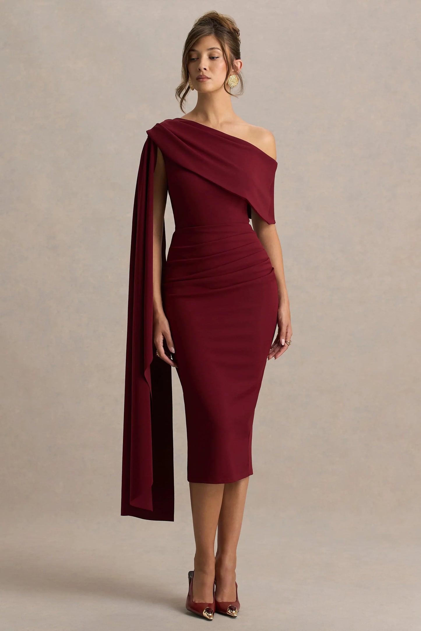 Leah Burgundy Asymmetric Neck Midi Dress With Cape Sleeve