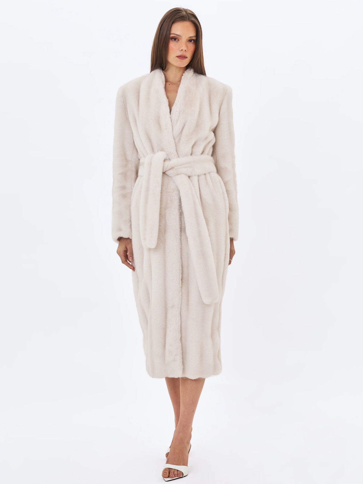 Celine Soft White Faux Mink Belted Longline Coat