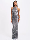 Abril Ruched Silver Glitter Backless Gown