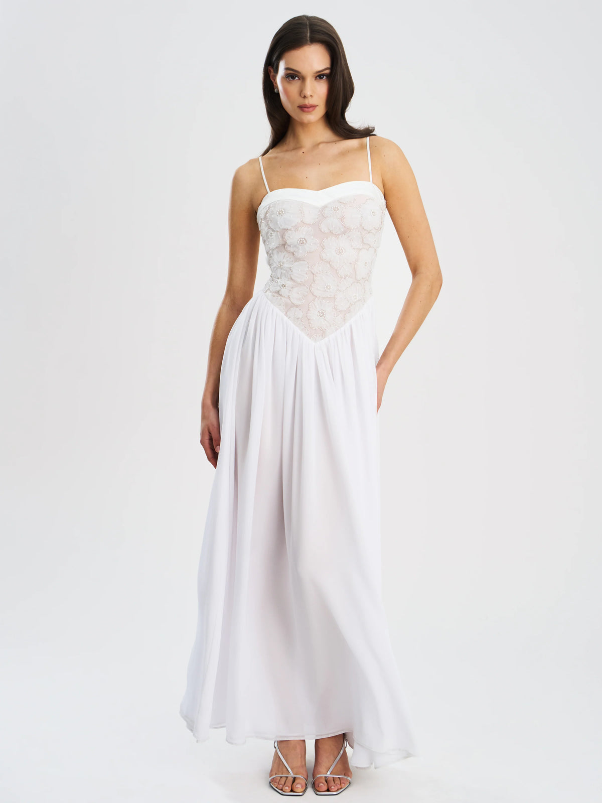 Ucille White Embroidered Chiffon Maxi Dress Archive Sale