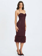 Pluma Maroon Halter Faux Fur Trimmed Midi Dress