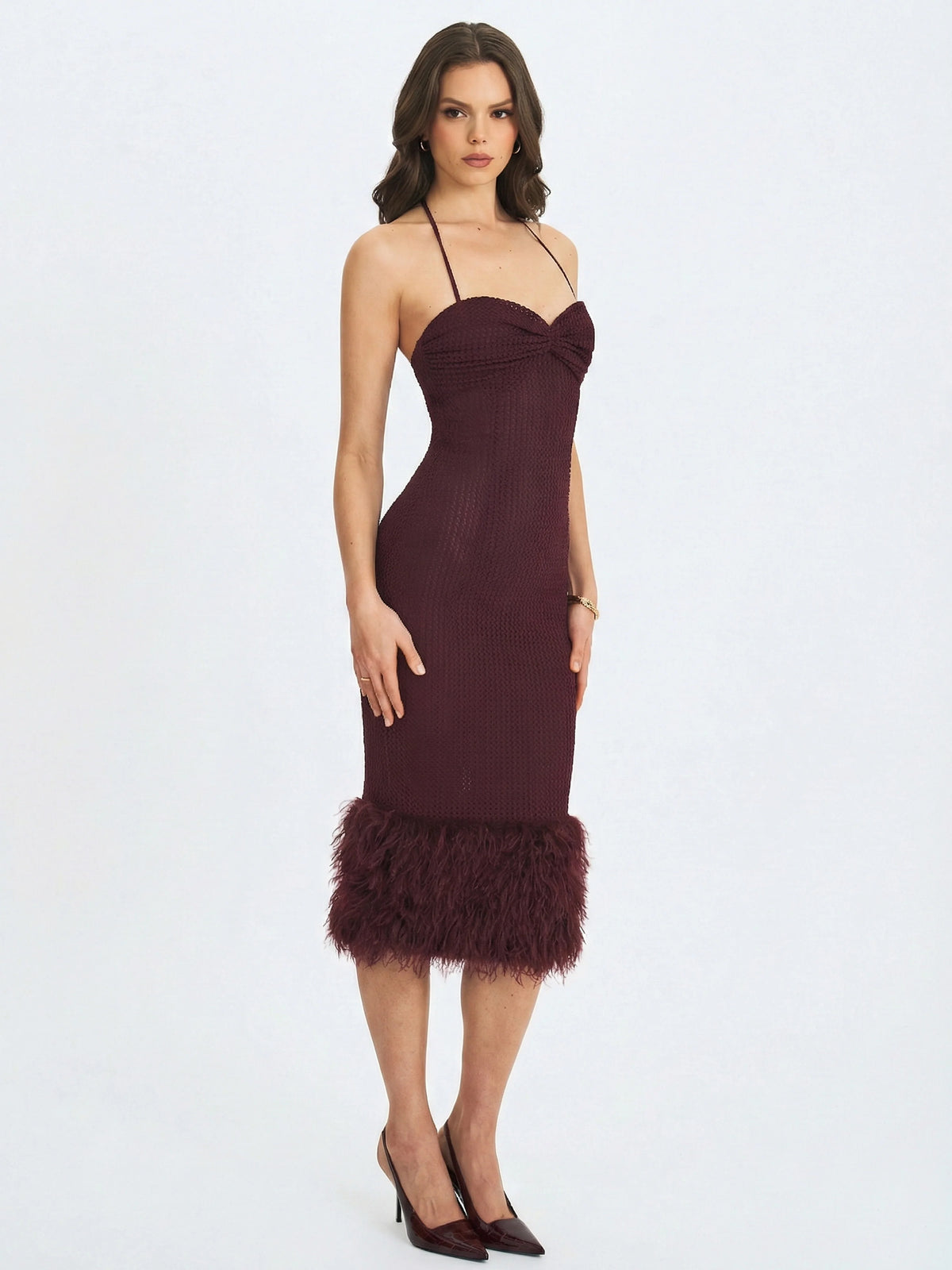 Pluma Maroon Halter Faux Fur Trimmed Midi Dress