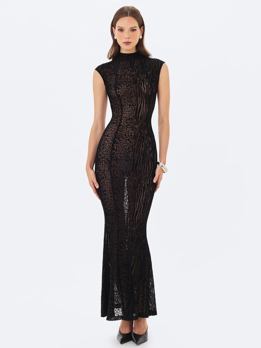 Tyanna Black Burnout Velvet Mesh Backless Mermaid Maxi Dress