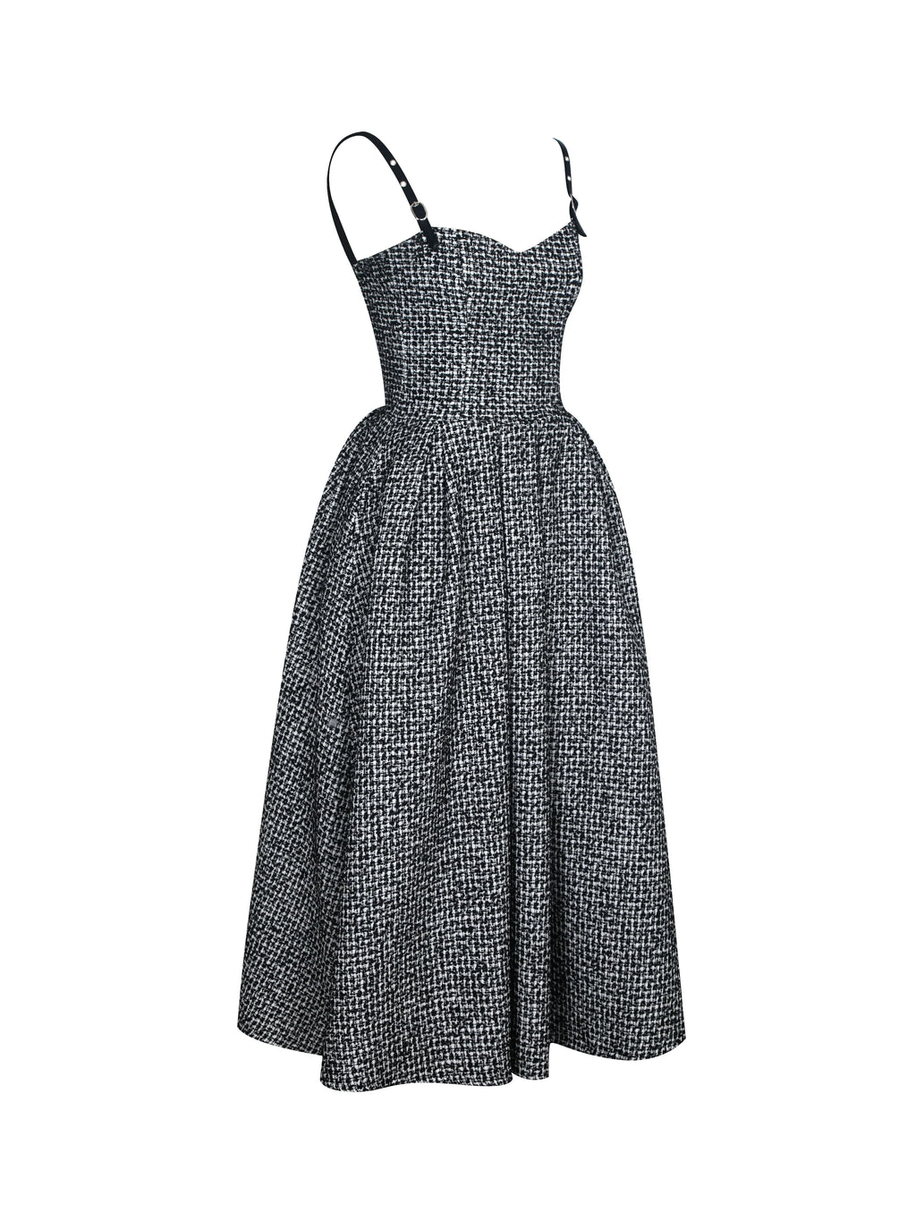 Katalina Black White Tweed Backless Midi Dress